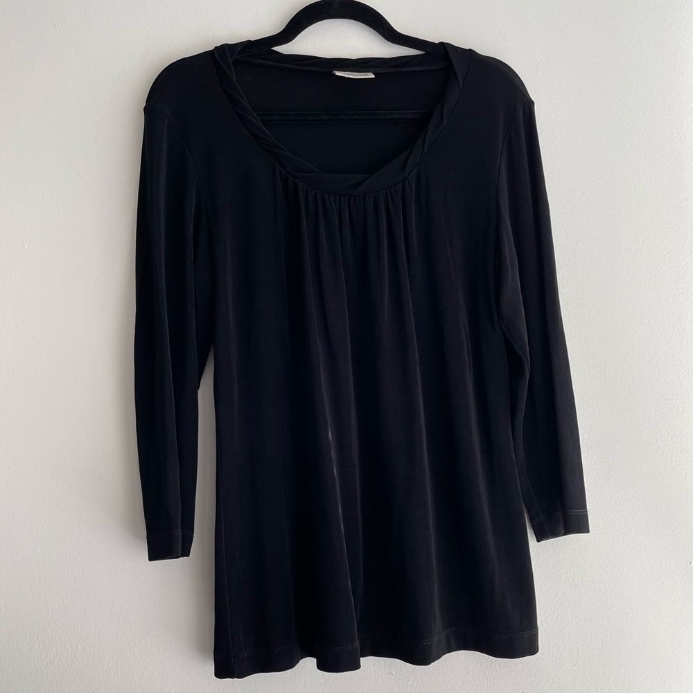 Chico's Blouse Size 2  (L/12) Women Black Stretch Pleated Front Scoop Neck